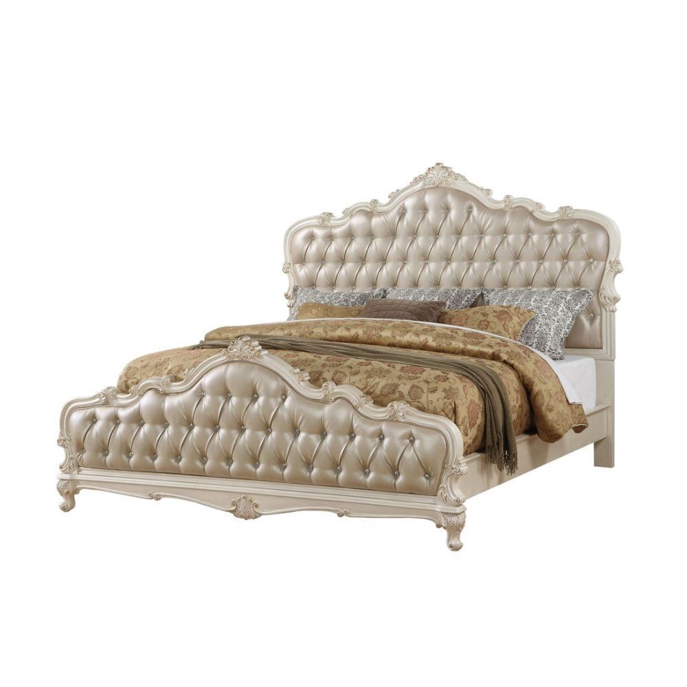 ACME Chantelle California King Bed #color_Rose Gold PU & Pearl White