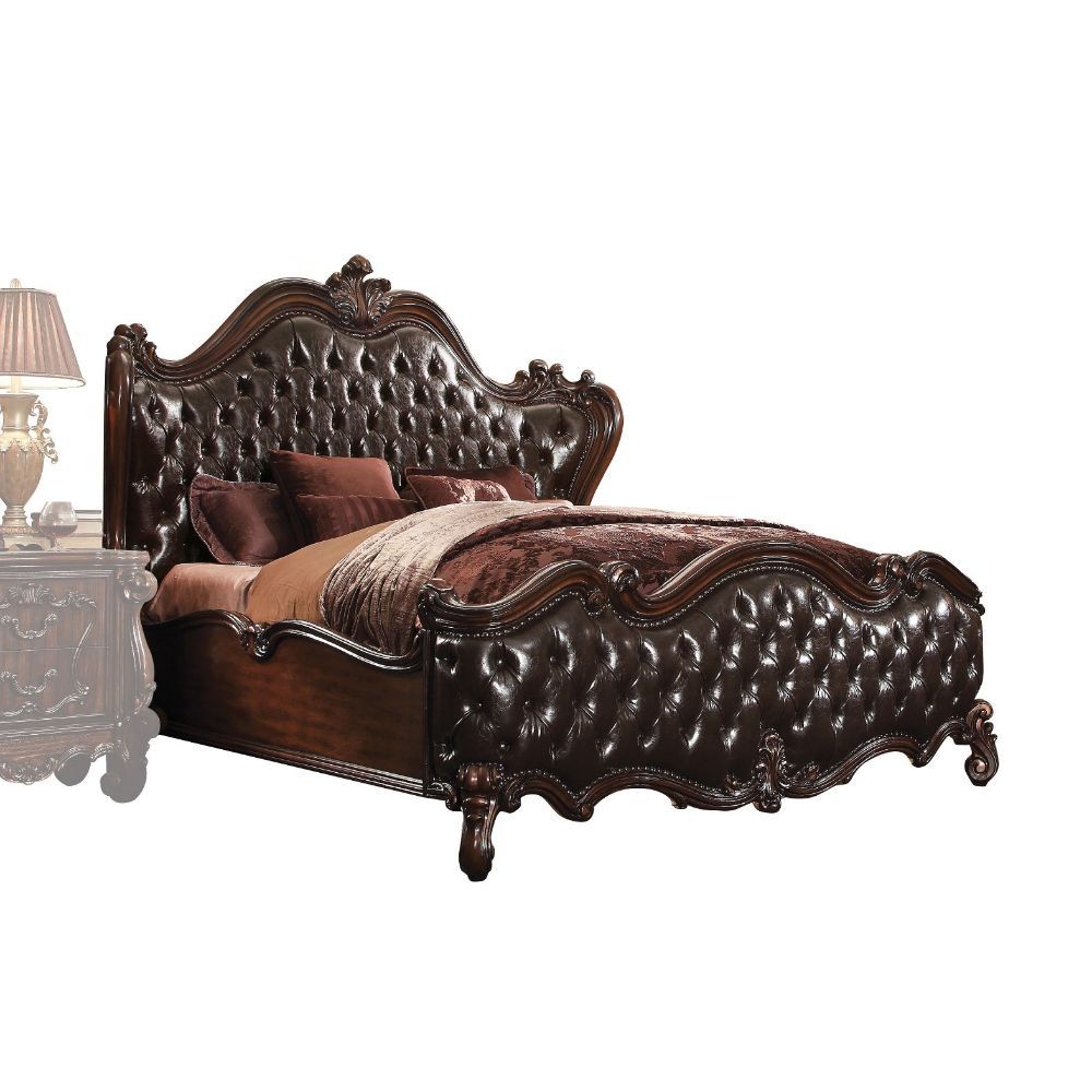 ACME Versailles Eastern King Bed #color_ 2-Tone Dark Brown PU & Cherry Oak
