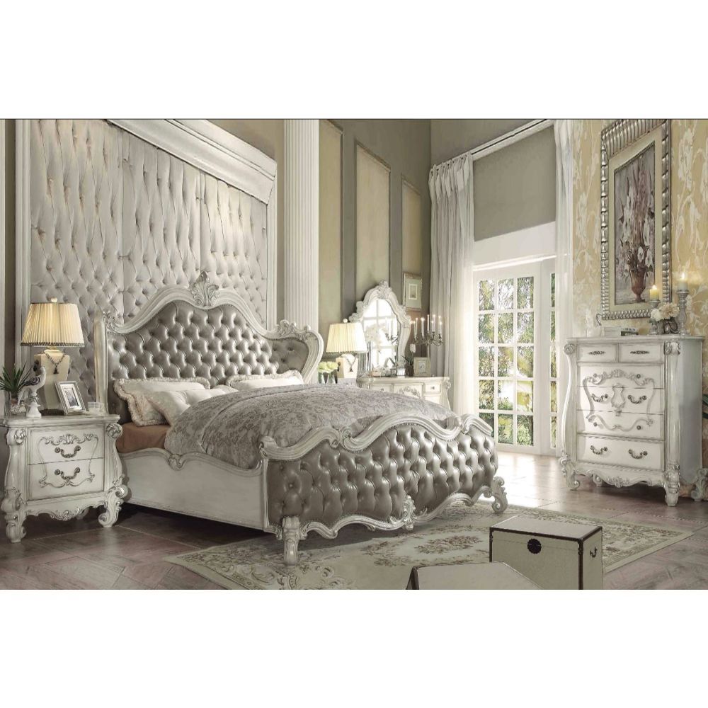 ACME Versailles Queen Bed #color_Vintage Gray PU & Bone White