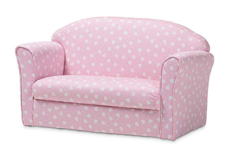 Erica Modern and Contemporary Pink and White Heart Patterned Fabric Upholstered Kids 2-Seater Sofa