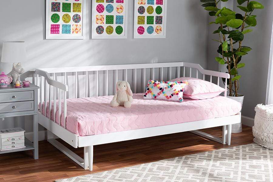 Muriel Modern and Transitional White Finished Wood Expandable Twin Size to King Size Spindle Daybed