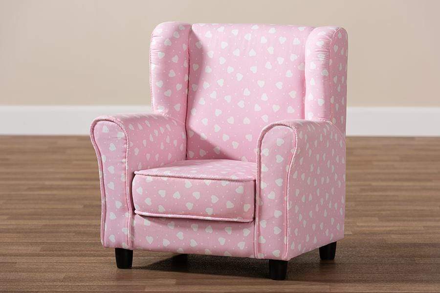 Selina Modern and Contemporary Pink and White Heart Patterned Fabric Upholstered Kids Armchair