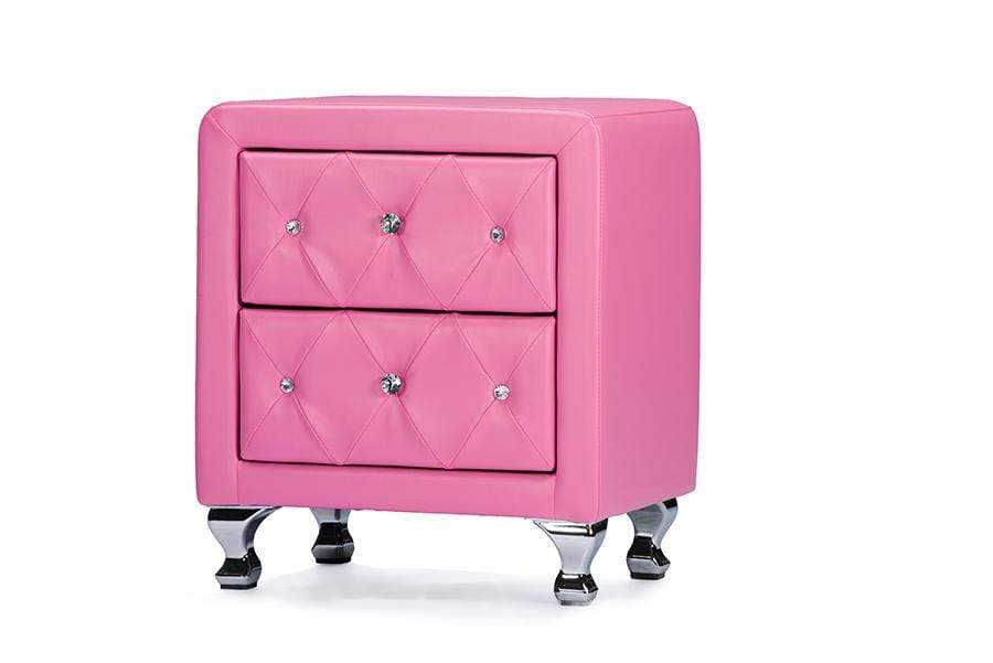 Stella Crystal Tufted Pink Leather Modern Nightstand