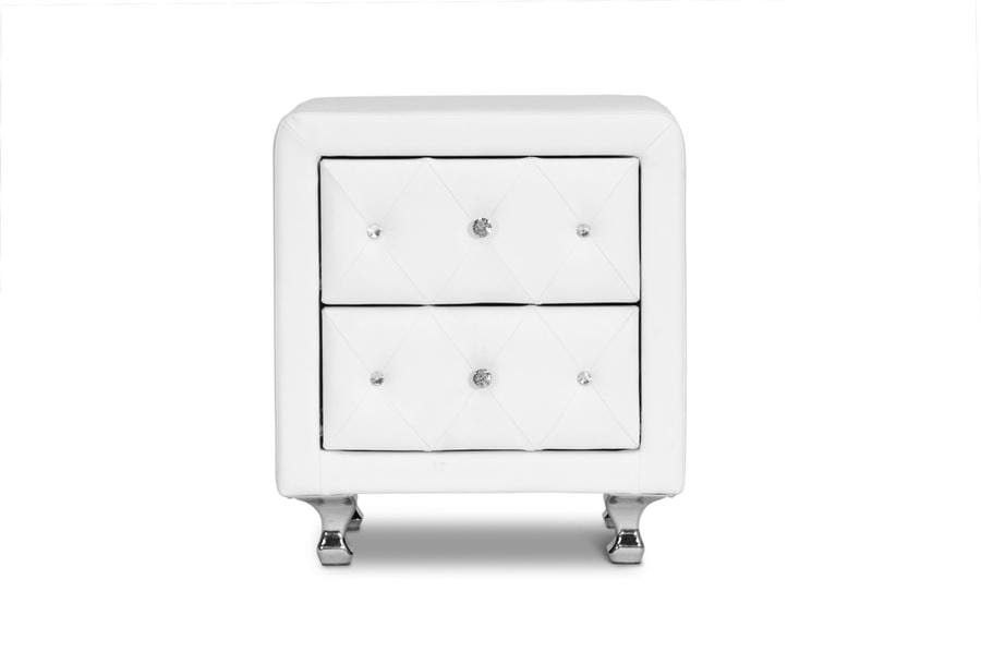 Stella Crystal Tufted White Upholstered Modern Nightstand