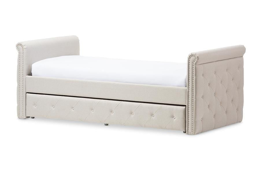 Swamson Modern and Contemporary Beige Fabric Tufted Twin Size Daybed with Roll-out Trundle Guest Bed