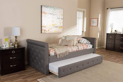 Swamson Modern and Contemporary Grey Fabric Tufted Twin Size Daybed with Roll-out Trundle Guest Bed