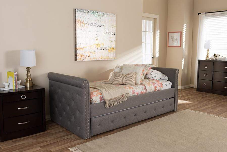 Swamson Modern and Contemporary Grey Fabric Tufted Twin Size Daybed with Roll-out Trundle Guest Bed