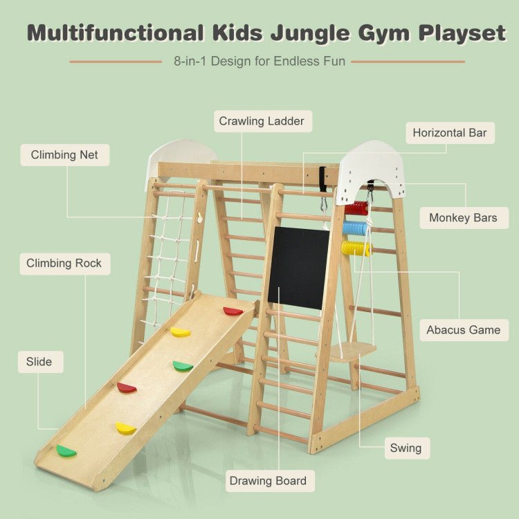 Indoor Playground Climbing Gym Wooden 8 in 1 Climber Playset for Children-Natural