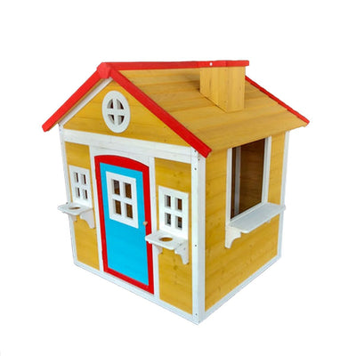 Traditional Outdoor Wooden Playhouse with Door, Windows, Serving Station, and Flower Pot Sills