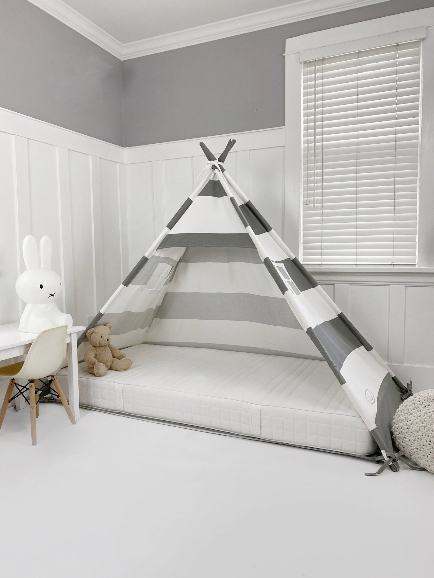 Play Tent Canopy Bed in Grey and White Stripe