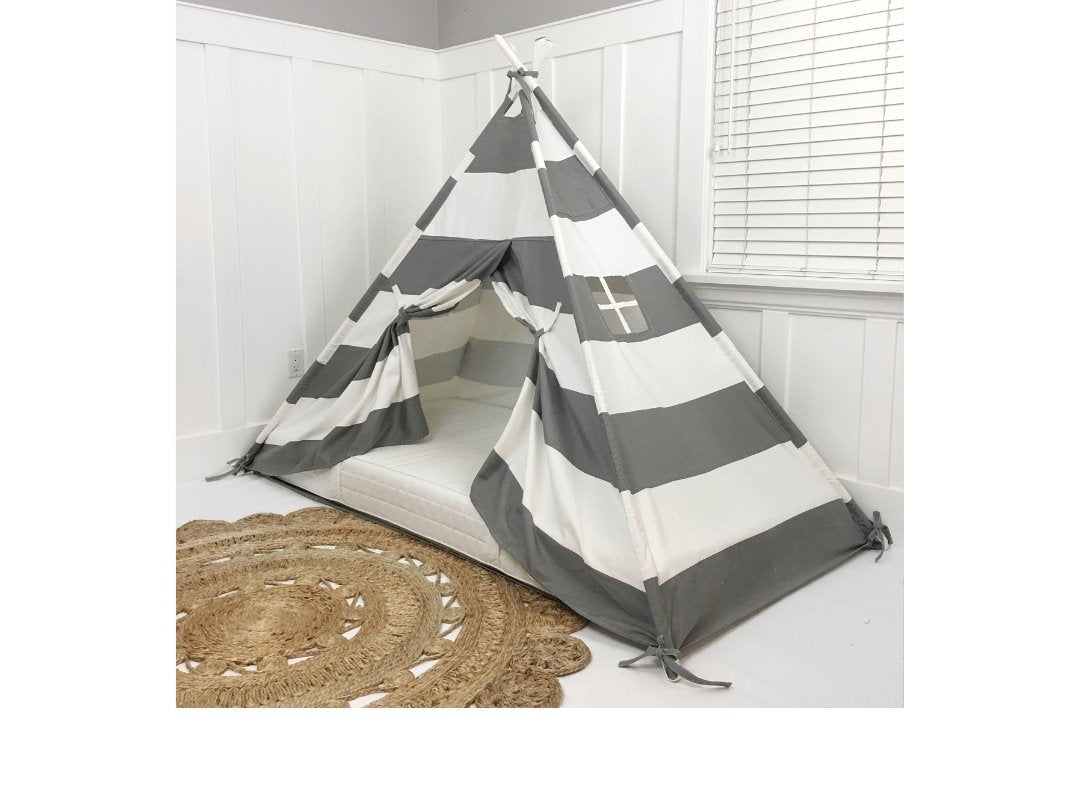 Play Tent Canopy Bed in Grey and White Stripe WITH Doors