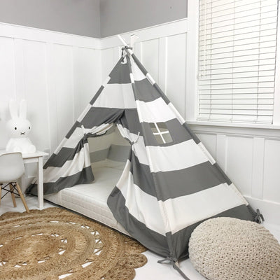 Play Tent Canopy Bed in Grey and White Stripe WITH Doors