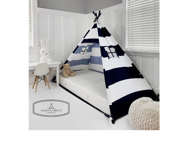 Play Tent Canopy Bed in Navy Blue and White Stripe Canvas