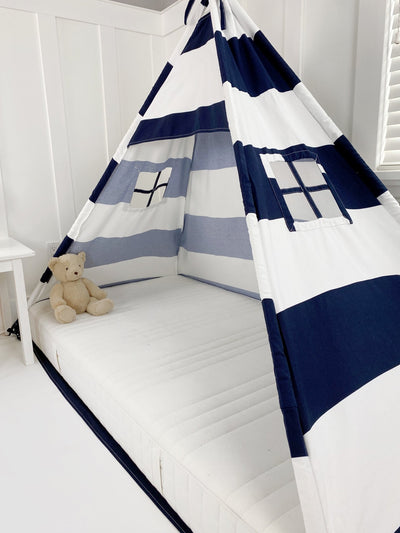 Play Tent Canopy Bed in Navy Blue and White Stripe Canvas