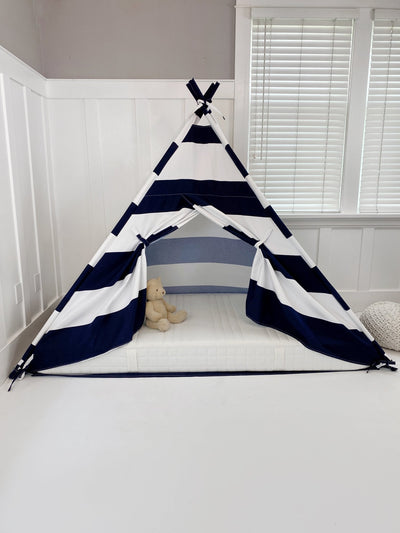 Play Tent Canopy Bed in Navy Blue and White Stripe Canvas WITH Doors