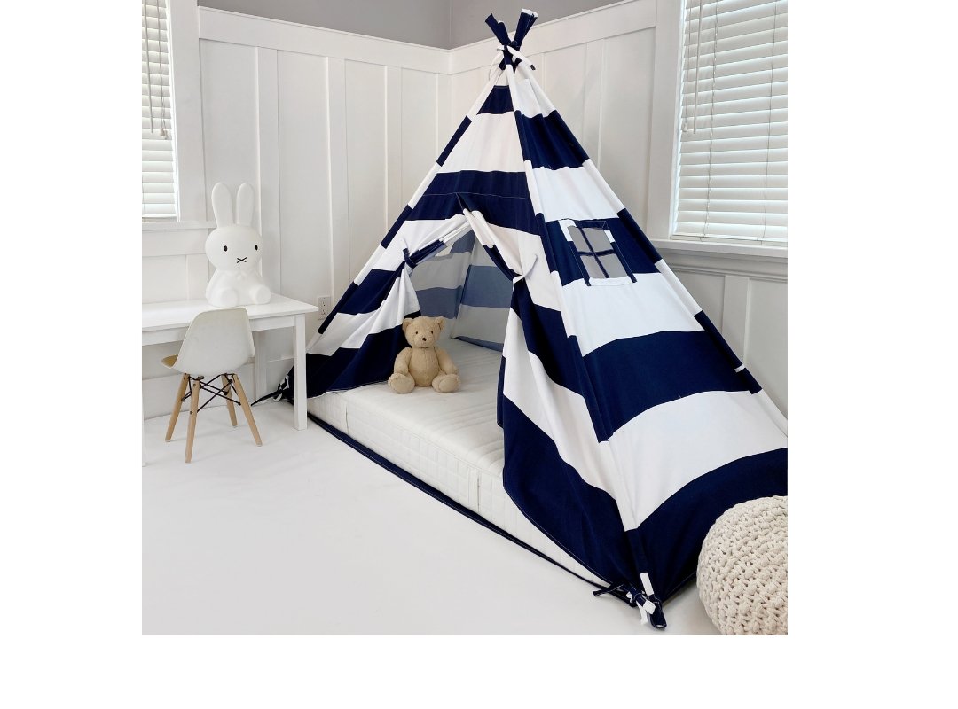 Play Tent Canopy Bed in Navy Blue and White Stripe Canvas WITH Doors