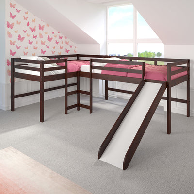 Donco L-shape Double Twin Loft Bed In #color_Dark-Cappuccino