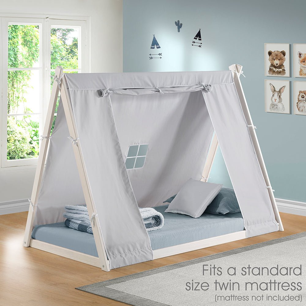 Kid's Tent Twin Floor Bed – Grey Tent with White Frame