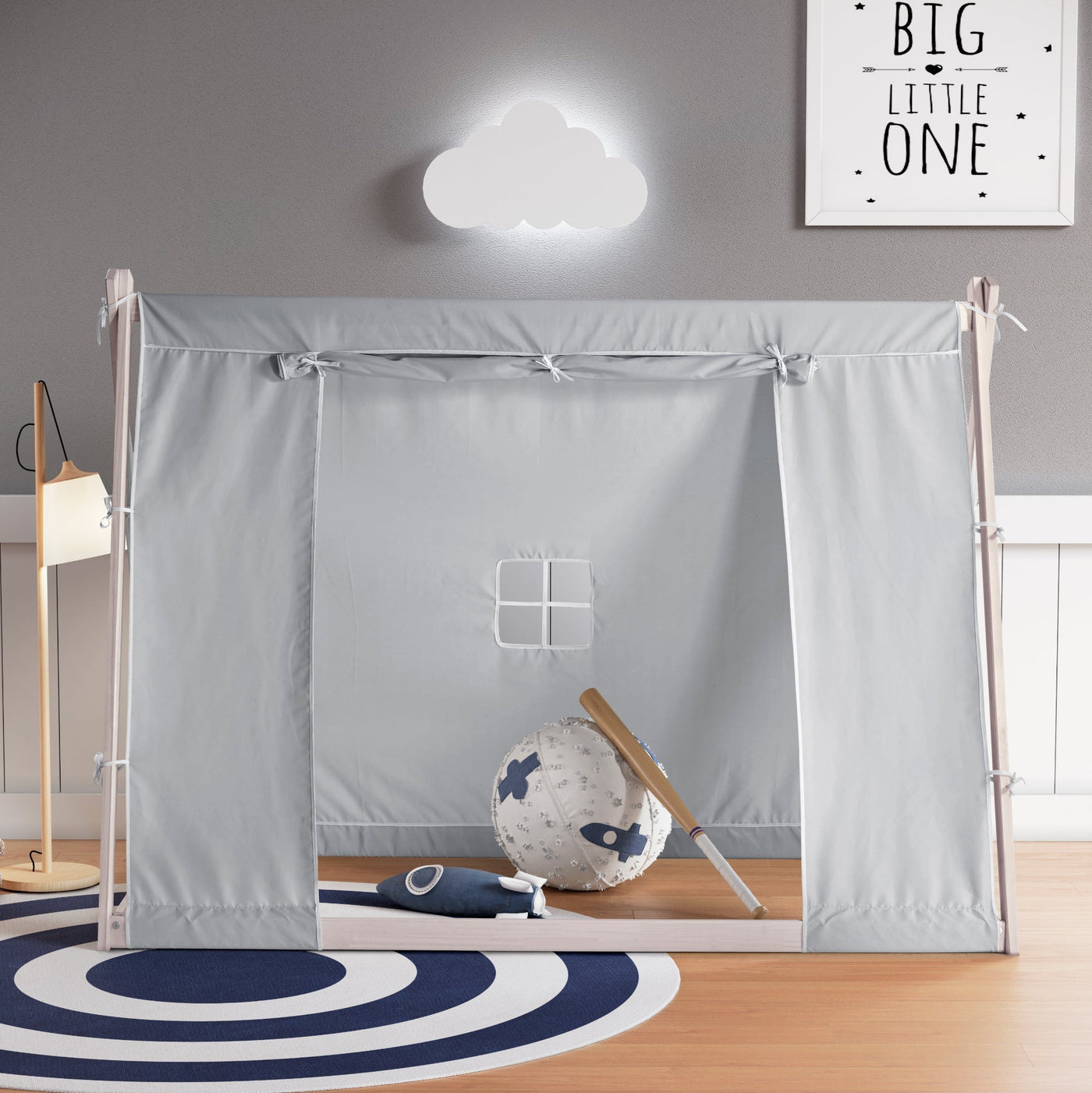 Kid's Tent Twin Floor Bed – Grey Tent with White Frame