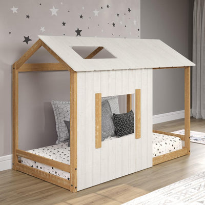 P'Kolino Toddler Kid's House Twin Floor Bed with Natural Wood #color_white