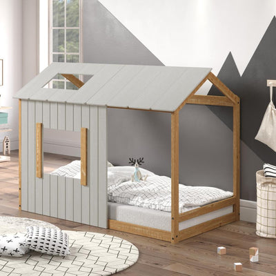 P'Kolino Toddler Kid's House Twin Floor Bed with Natural Wood #color_grey