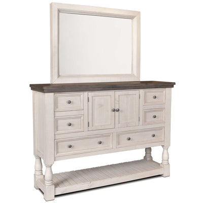 Sunset Trading Rustic French Dresser and Mirror Set | Distressed White and Brown Solid Wood