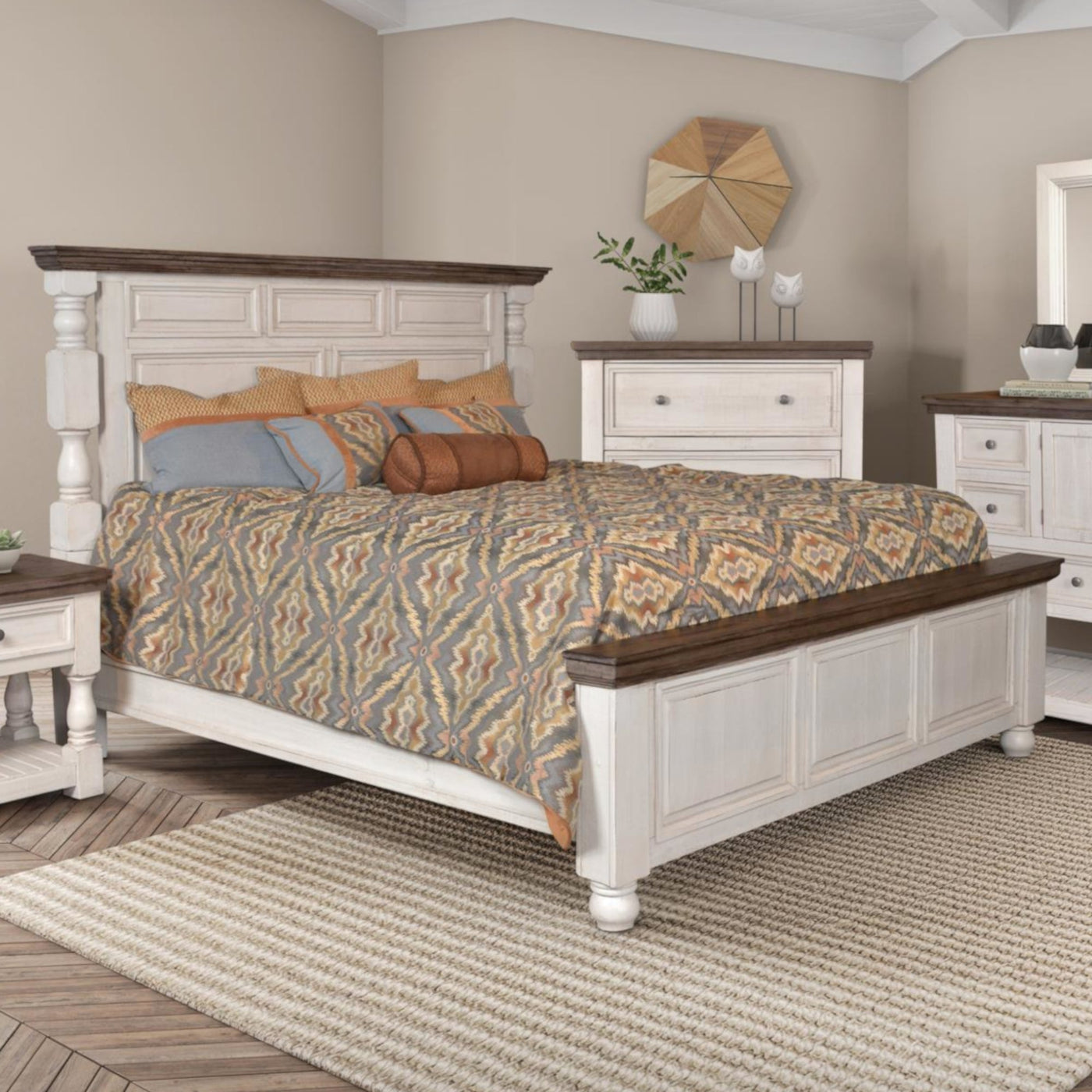 Sunset Trading Rustic French Panel Bed | Distressed White and Brown Solid Wood