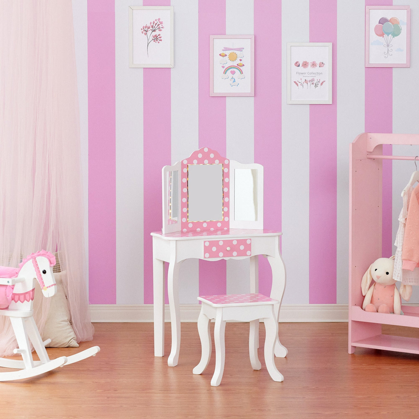 Fantasy Fields Gisele Polka Dot Prints Play Vanity Set with LED Mirror Light, Pink/White