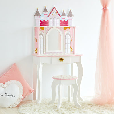 Fantasy Fields Kids Dreamland Castle Vanity Set with Chair and Accessories, White/Pink