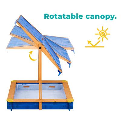 Teamson Kids 4' Square Solid Wood Sandbox with Rotatable Canopy Cover, Honey/Blue