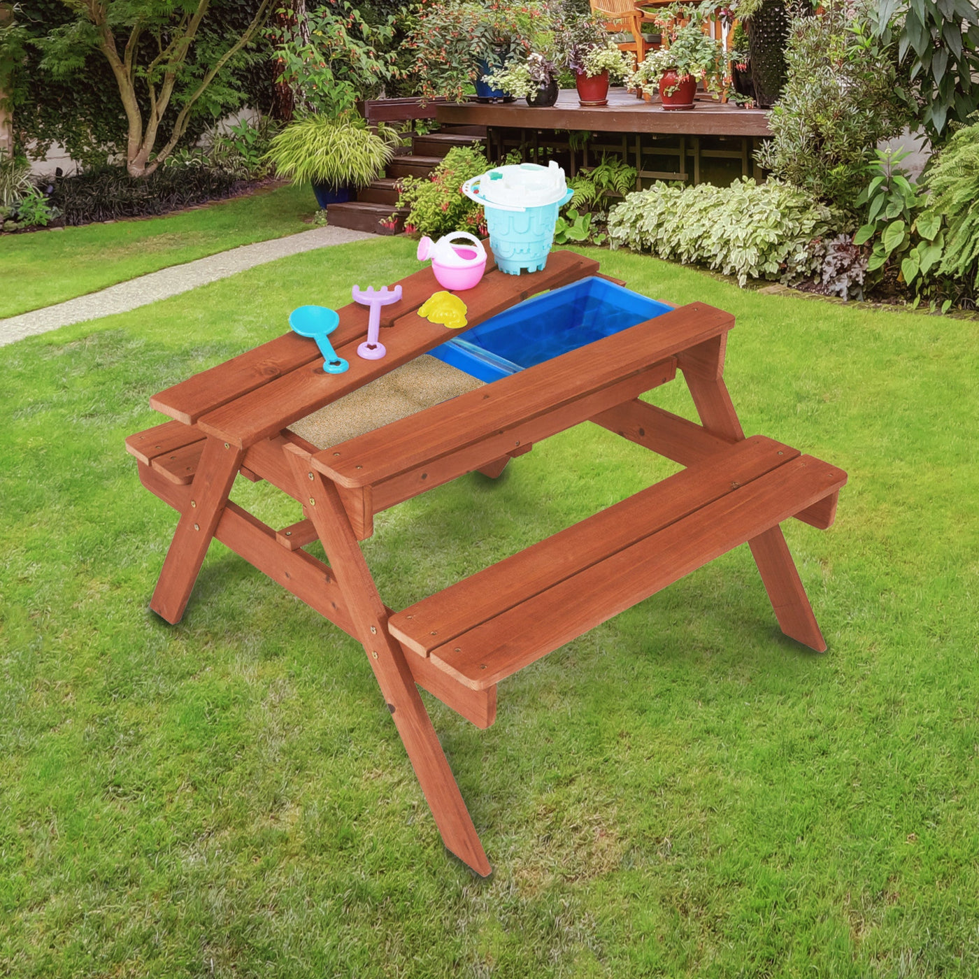 Teamson Kids Outdoor Wooden Picnic Table with 2 Sensory Bins for Sand/Water Play Plus Accessories, Warm Cherry
