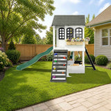 2MamaBees Reign Two-Story Playhouse With Slide and Swing styled in a sunny backyard, slide