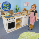 Whitney Brothers elevatED Kitchen Island Breakfast Bar Preschool Play Kitchen - front view of modern play kitchen island