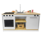 Whitney Brothers elevatED Kitchen Island Breakfast Bar Preschool Play Kitchen - stovetop and metal sink detail