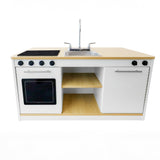 Whitney Brothers elevatED Kitchen Island Breakfast Bar Preschool Play Kitchen - side view with white oak panels