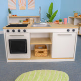 Whitney Brothers elevatED Kitchen Island Breakfast Bar Preschool Play Kitchen - classroom pretend-cooking play view