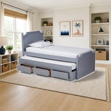 Baxton Studio Mariana Traditional Transitional Grey Finished Wood Twin Size 3-Drawer Storage Bed with Pull-Out Trundle Bed styled in a bright kids' bedroom, storage