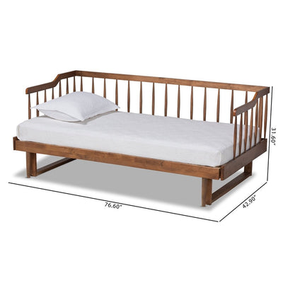 Wooden daybed with white mattress and pillows, shown with dimensions on a white background
