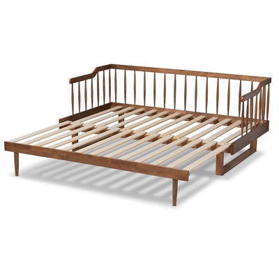 Wooden bed frame with slats on a white background