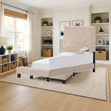 Baxton Studio Paris Modern and Contemporary Beige Linen Upholstered Twin Size Tufting Bed styled in a bright kids' bedroom, shown finish