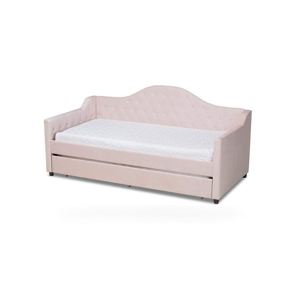 Perry Modern and Contemporary Light Pink Velvet Fabric Upholstered and Button Tufted Twin Size Daybed with Trundle