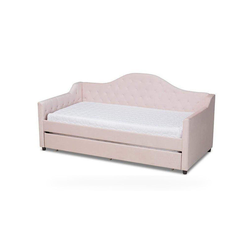 Perry Modern and Contemporary Light Pink Velvet Fabric Upholstered and Button Tufted Twin Size Daybed with Trundle