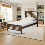 Baxton Studio Sedona Modern Classic Mission Style Brown-Finished Wood Twin Platform Bed styled in a bright kids' bedroom, Walnut