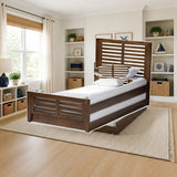 Baxton Studio Sedona Modern Classic Mission Style Brown-Finished Wood Twin Platform Bed with Trundle styled in a bright kids' bedroom, Walnut