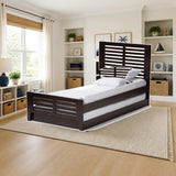 Baxton Studio Sedona Modern Classic Mission Style Dark Brown-Finished Wood Twin Platform Bed with Trundle styled in a bright kids' bedroom, Espresso