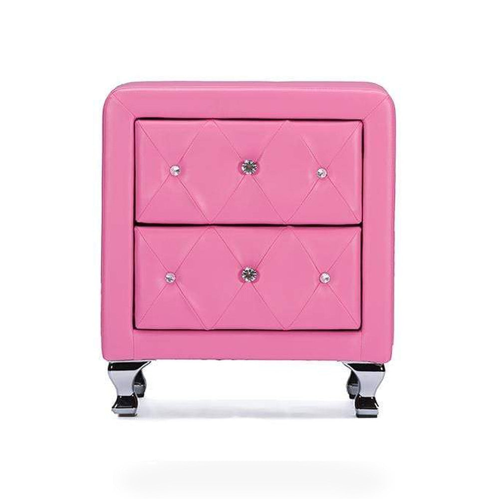 Stella Crystal Tufted Pink Leather Modern Nightstand