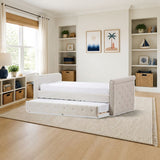 Baxton Studio Swamson Modern and Contemporary Beige Fabric Tufted Twin Size Daybed with Roll-out Trundle Guest Bed styled in a bright kids' bedroom, shown finish
