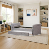 Baxton Studio Swamson Modern and Contemporary Grey Fabric Tufted Twin Size Daybed with Roll-out Trundle Guest Bed styled in a bright kids' bedroom, Grey