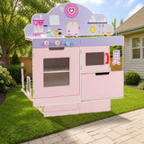 Costway 2 in 1 Kitchen and Cafe Pretend Cooking Playset styled in a sunny backyard, shown finish
