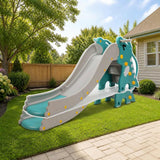 Costway 4-in-1 Kids Climber Slide Play Set with Basketball Hoop-Green styled in a sunny backyard, slide